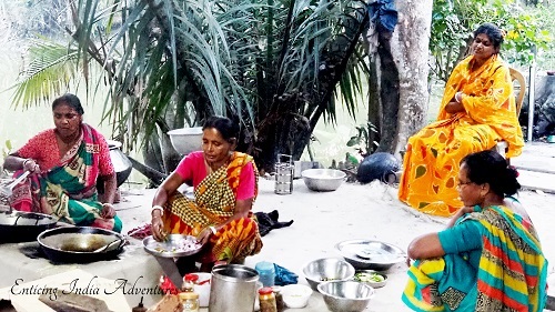 Ladies cooking at Bali Island, Ganges River Cruise port of call.